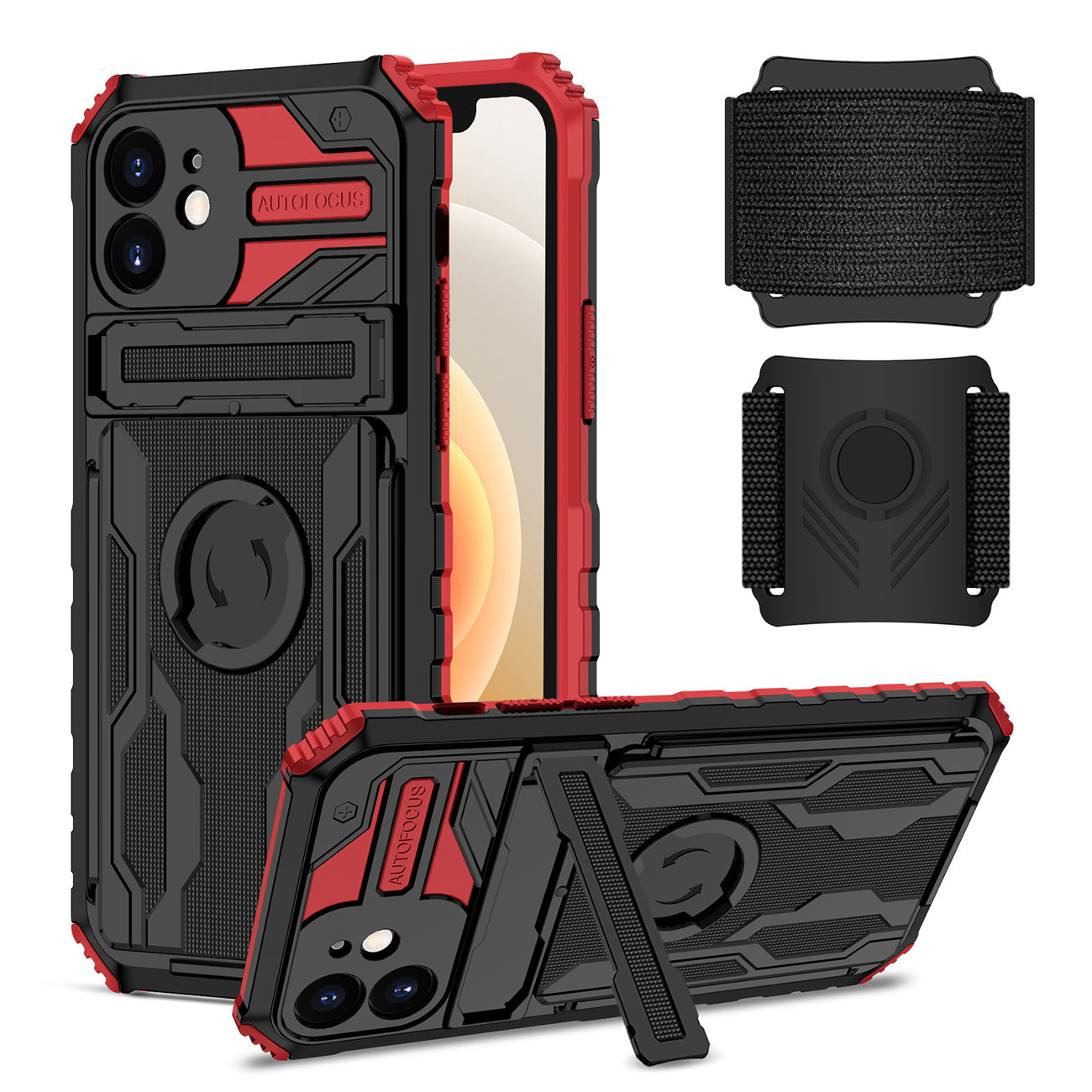 iPhone 12  Compatible High Elastic Plastic iPhone 12 Case with Kickstand, Sports Mobile Wristband and Card Slot In Red - Crystal Clear Protection by CELL DEMAND