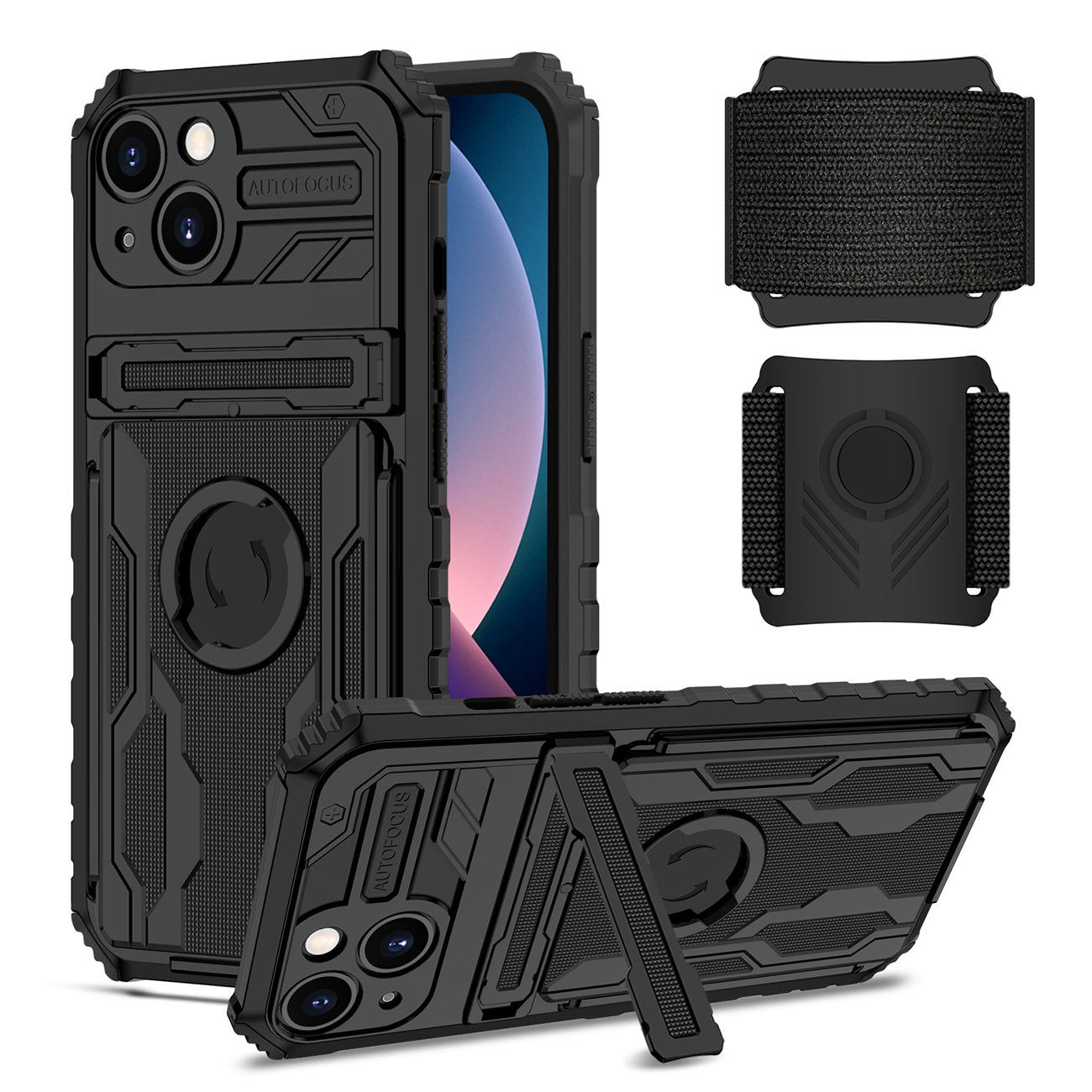 iPhone 13  Compatible High Elastic Plastic iPhone 13 Case with Kickstand, Sports Mobile Wristband and Card Slot In Black - Durable Protection by CELL DEMAND