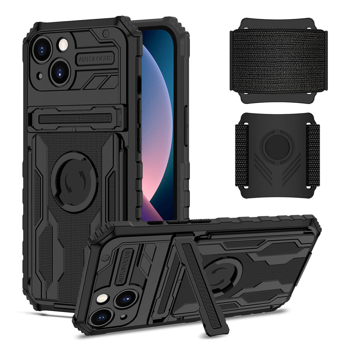 iPhone 13  Compatible High Elastic Plastic iPhone 13 Case with Kickstand, Sports Mobile Wristband and Card Slot In Black - Durable Protection by CELL DEMAND