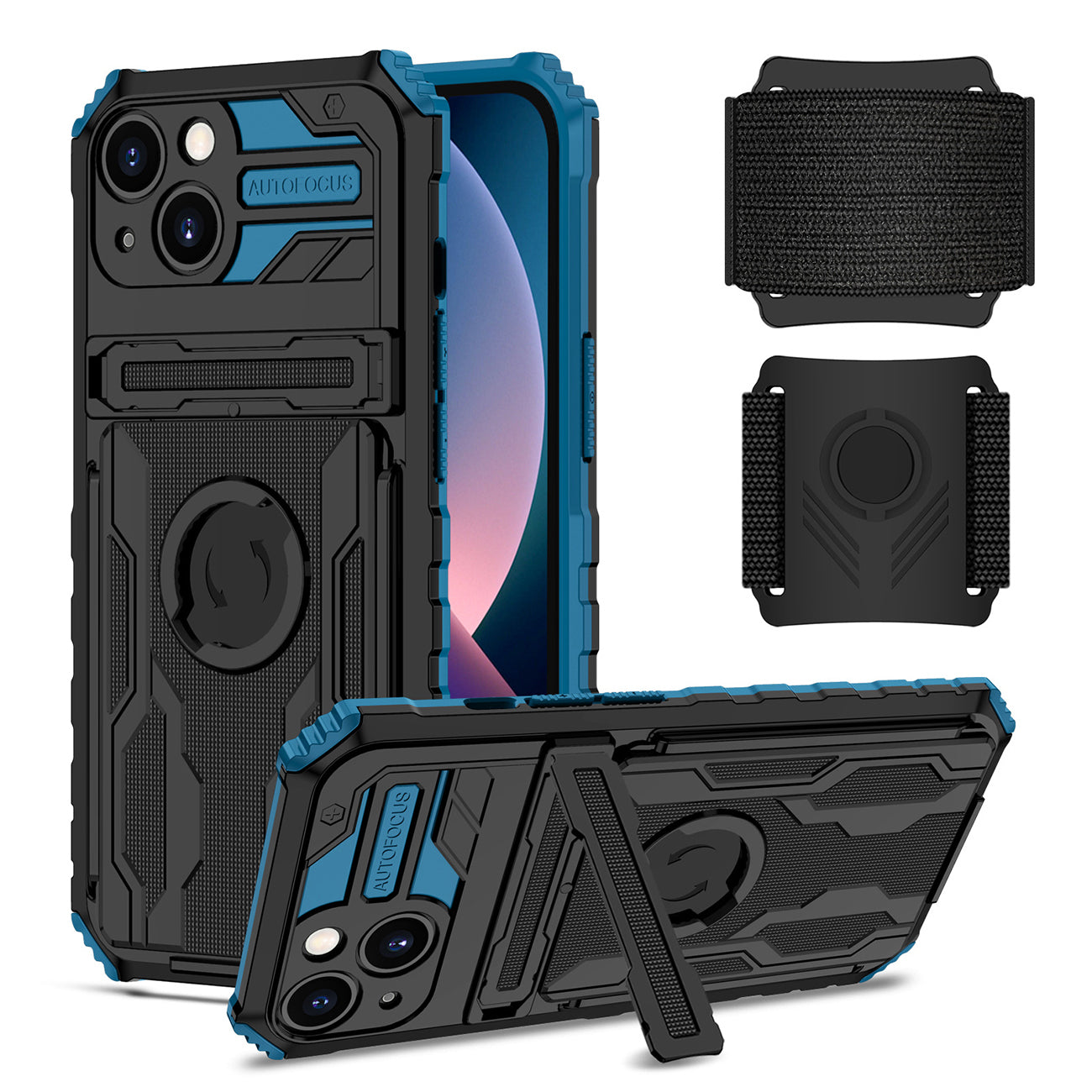 iPhone 13  Compatible High Elastic Plastic iPhone 13 Case with Kickstand, Sports Mobile Wristband and Card Slot In Blue - Heavy Duty Protection by CELL DEMAND