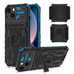 iPhone 13  Compatible High Elastic Plastic iPhone 13 Case with Kickstand, Sports Mobile Wristband and Card Slot In Blue - Heavy Duty Protection by CELL DEMAND