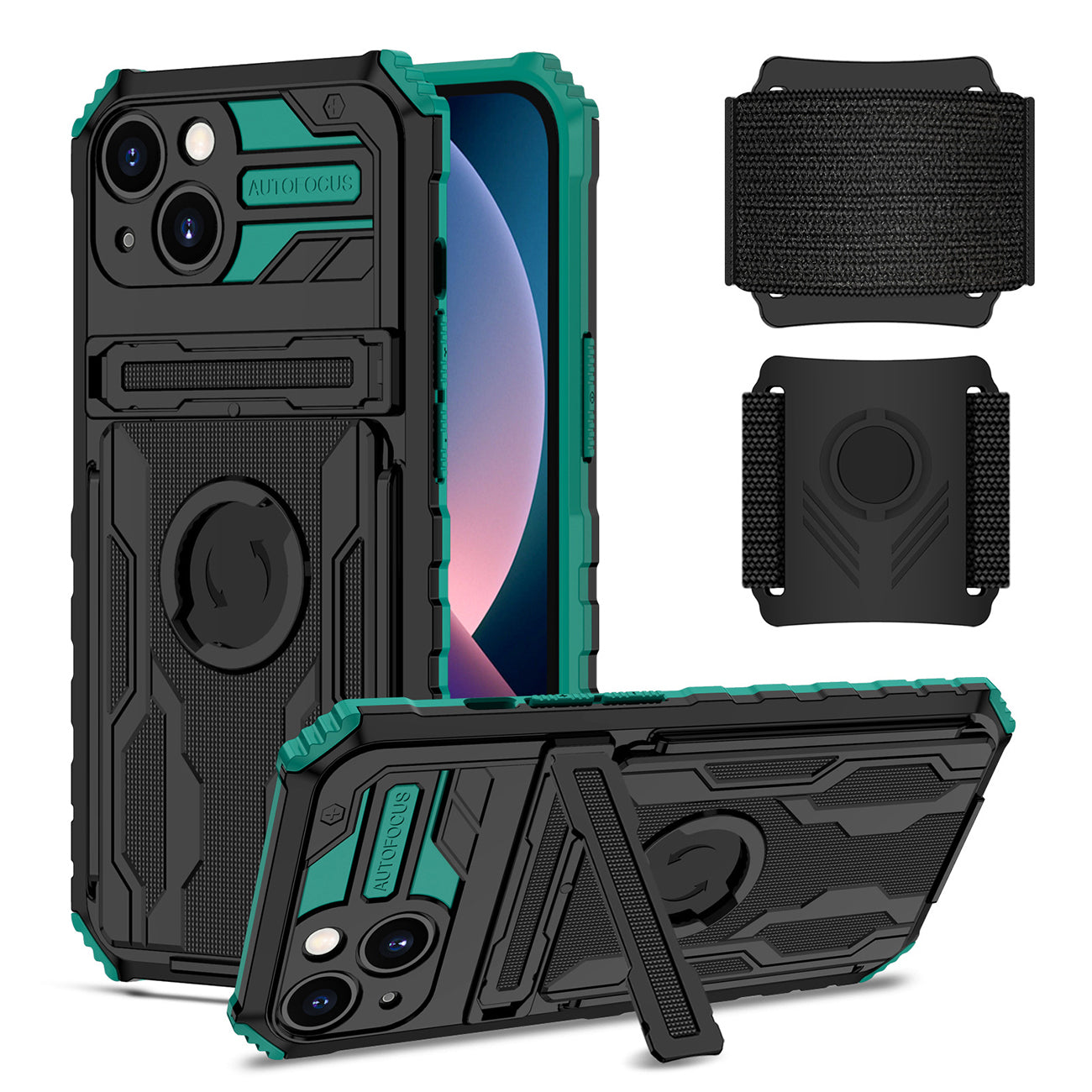 iPhone 13  Compatible High Elastic Plastic iPhone 13 Case with Kickstand, Sports Mobile Wristband and Card Slot In Green - Ultra-Slim Protection by CELL DEMAND