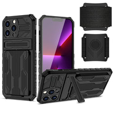iPhone 13 Max Compatible High Elastic Plastic iPhone 13 Max Case with Kickstand, Sports Mobile Wristband and Card Slot In Black - Shockproof Protection by CELL DEMAND