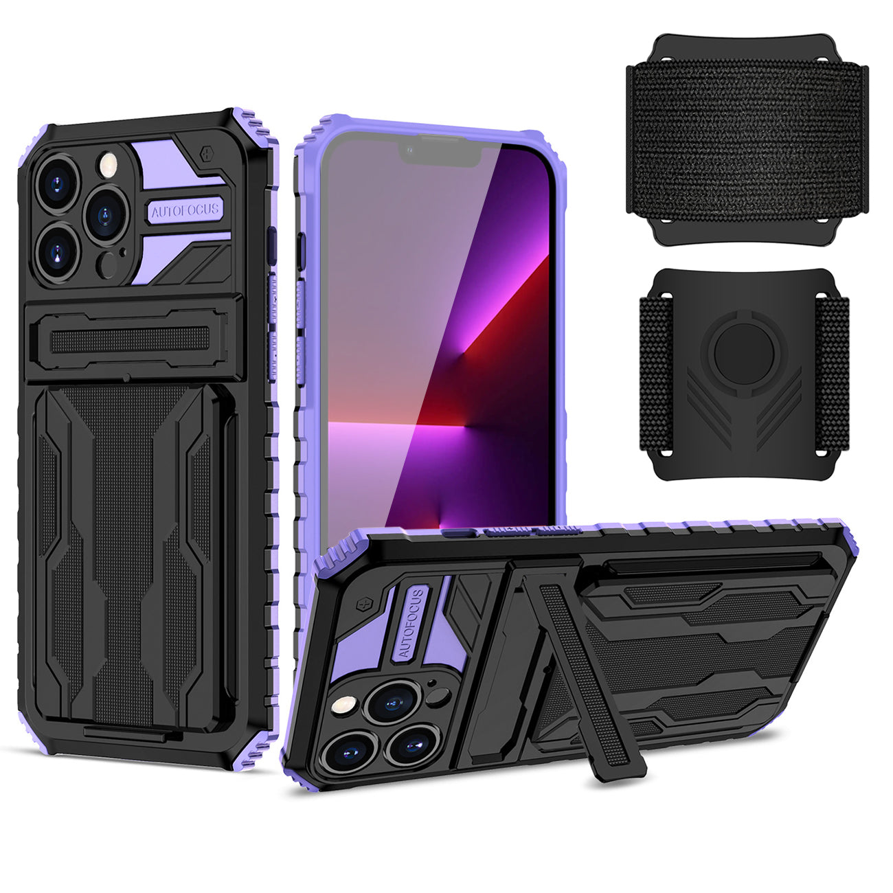 iPhone 13 Max Compatible High Elastic Plastic iPhone 13 Max Case with Kickstand, Sports Mobile Wristband and Card Slot In Purple - Crystal Clear Protection by CELL DEMAND