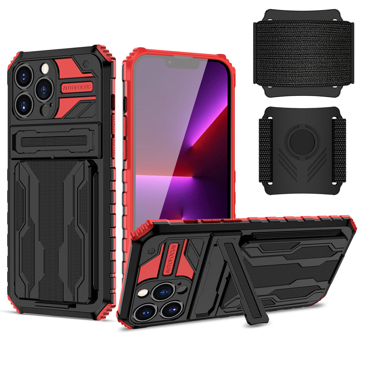 iPhone 13 Max Compatible High Elastic Plastic iPhone 13 Max Case with Kickstand, Sports Mobile Wristband and Card Slot In Red - Crystal Clear Protection by CELL DEMAND