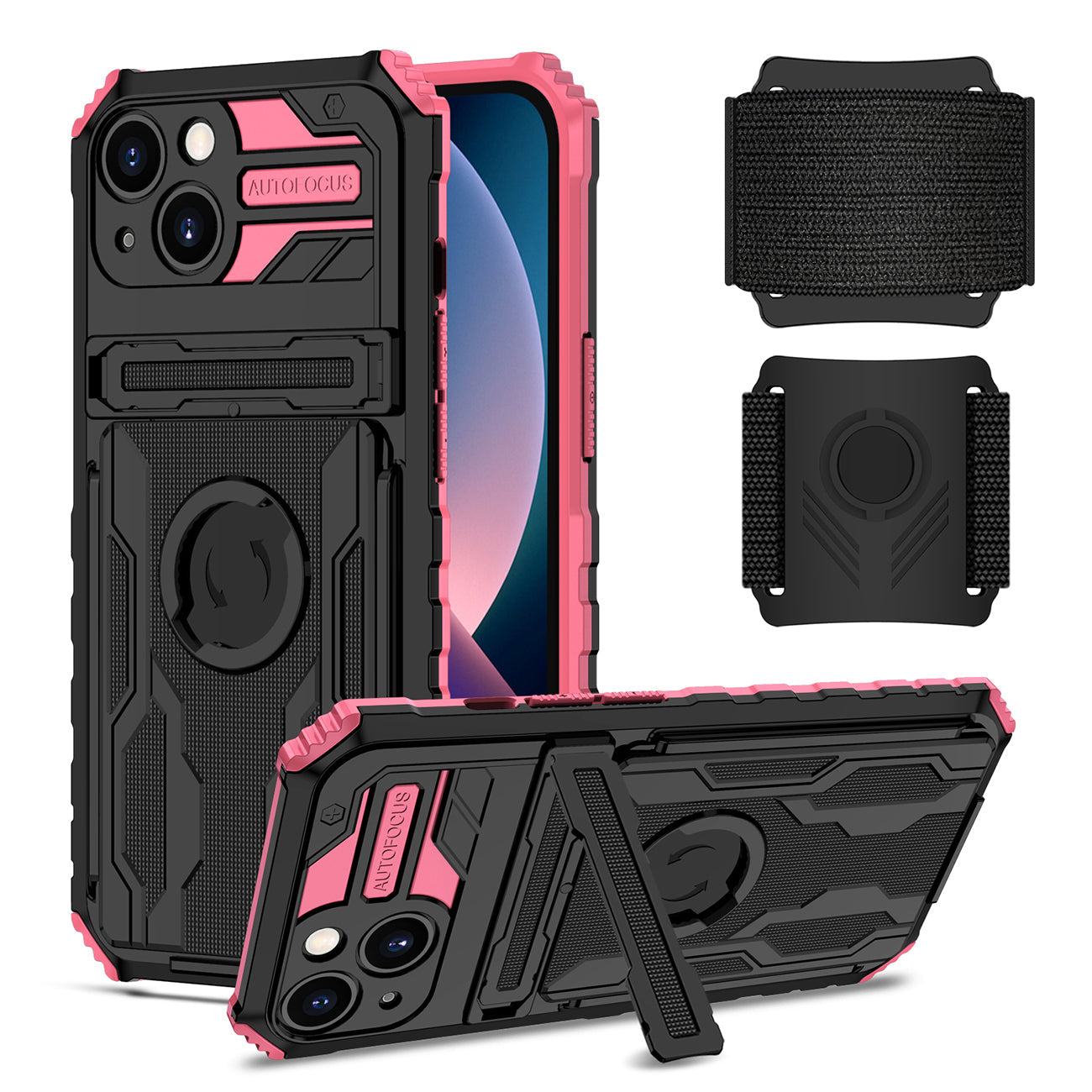 iPhone 13  Compatible High Elastic Plastic iPhone 13 Case with Kickstand, Sports Mobile Wristband and Card Slot In Pink - Premium Protection by CELL DEMAND