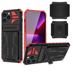 iPhone 13 Pro Compatible High Elastic Plastic iPhone 13 Pro Case with Kickstand, Sports Mobile Wristband and Card Slot In Red - Heavy Duty Protection by CELL DEMAND