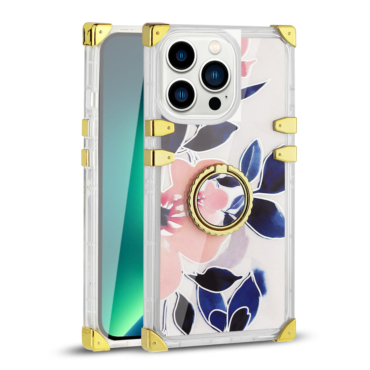 IPHONE 13 Floral Print Case with Ring Holder In Blue - Heavy Duty & Reliable | CELL DEMAND Official