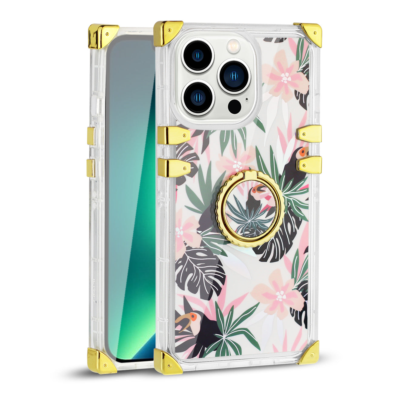 IPHONE 13 Floral Print Case with Ring Holder In Pink - Shockproof & Reliable | CELL DEMAND Official