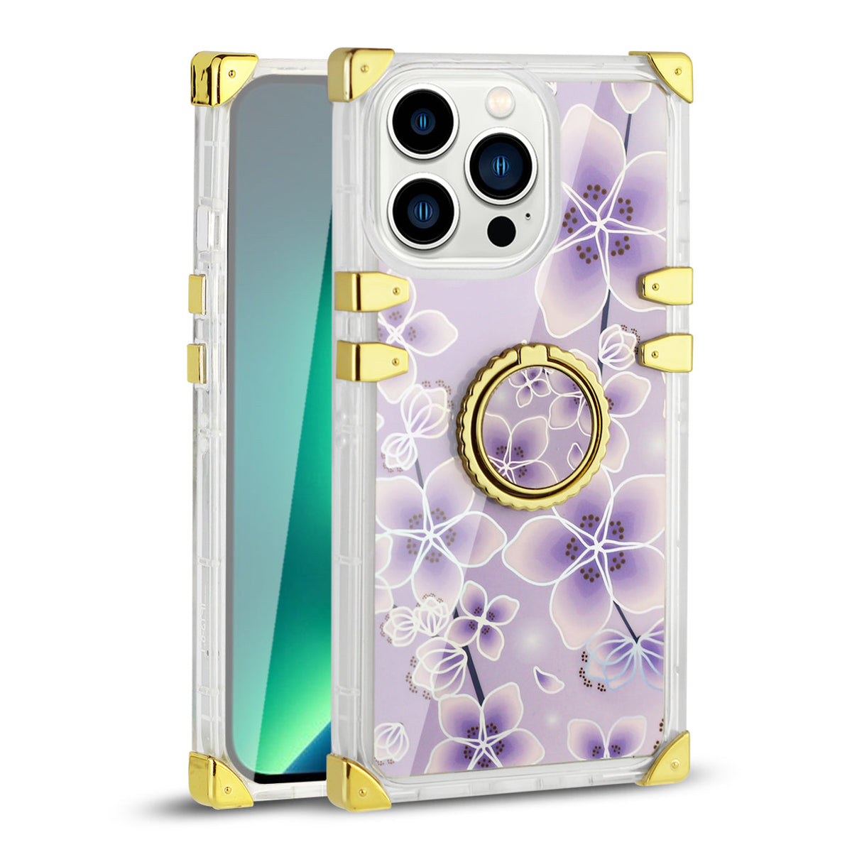 IPHONE 13 Pro Floral Print Case with Ring Holder In Purple - Heavy Duty & Reliable | CELL DEMAND Official