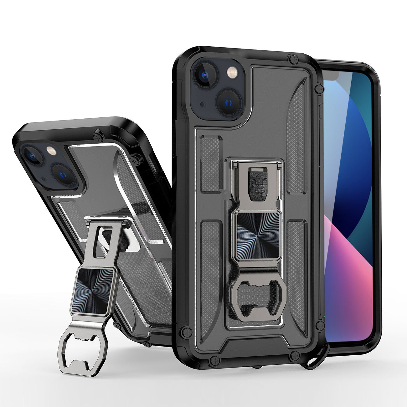IPHONE 13  Compatible Kickstand Ring Holder/Bottle Opener Case with Magnetic Car Mount for APPLE IPHONE 13 In Black - Durable Protection by CELL DEMAND