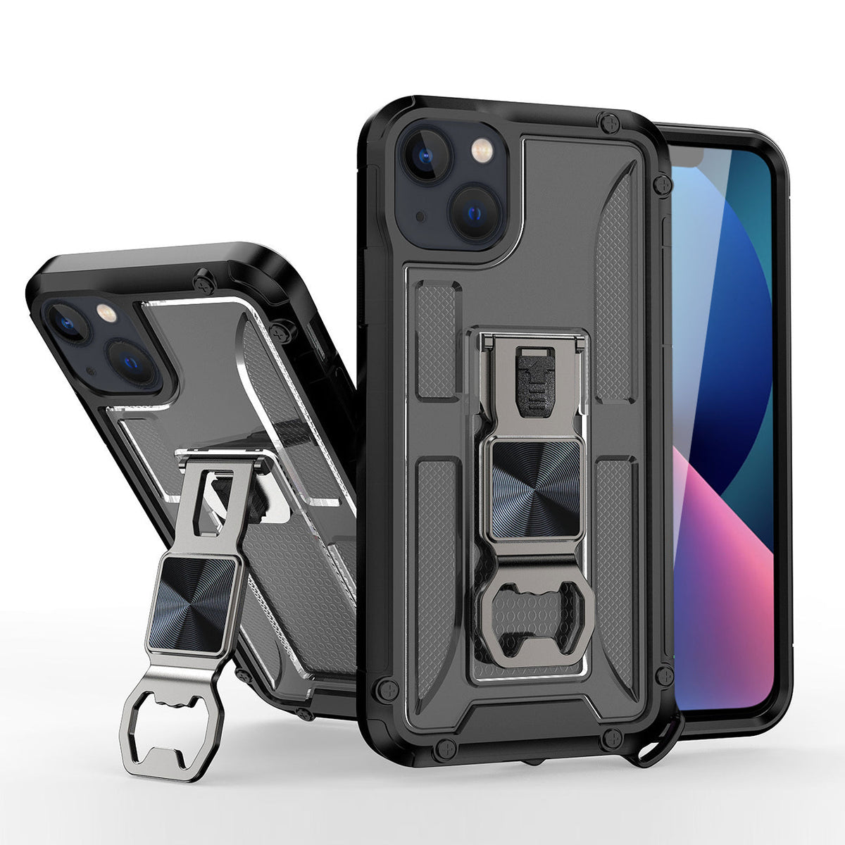 IPHONE 13  Compatible Kickstand Ring Holder/Bottle Opener Case with Magnetic Car Mount for APPLE IPHONE 13 In Black - Durable Protection by CELL DEMAND
