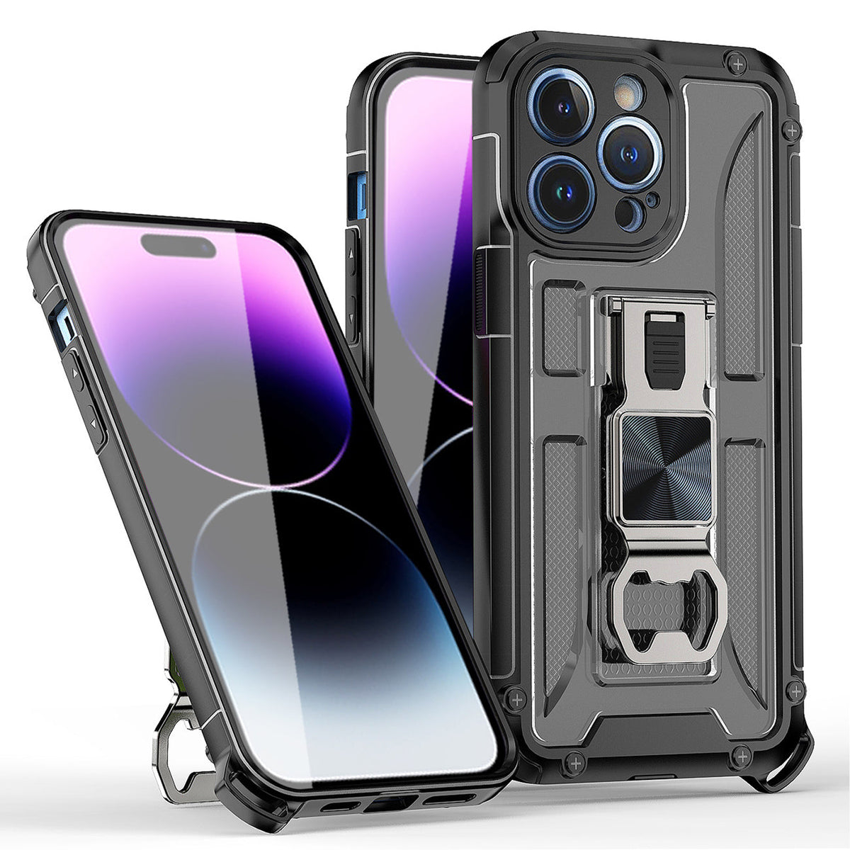 IPHONE 14 PRO Compatible Kickstand Ring Holder/Bottle Opener with Magnetic Car Mount for IPHONE 14 PRO In Black - Durable Protection by CELL DEMAND