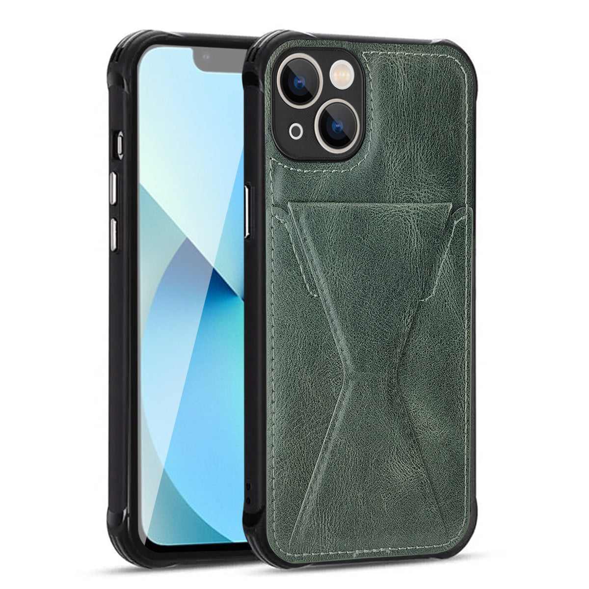 iPhone 13  Compatible TPU Leather Phone Case for Apple iPhone 13 with Card Holder Strap In Green - Heavy Duty Protection by CELL DEMAND