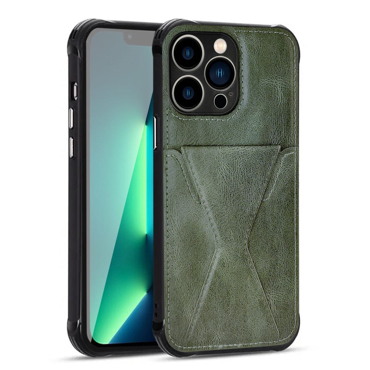 iPhone 13 PRO Compatible TPU Leather Phone Case for Apple iPhone 13 PRO with Card Holder Strap In Green - Shockproof Protection by CELL DEMAND