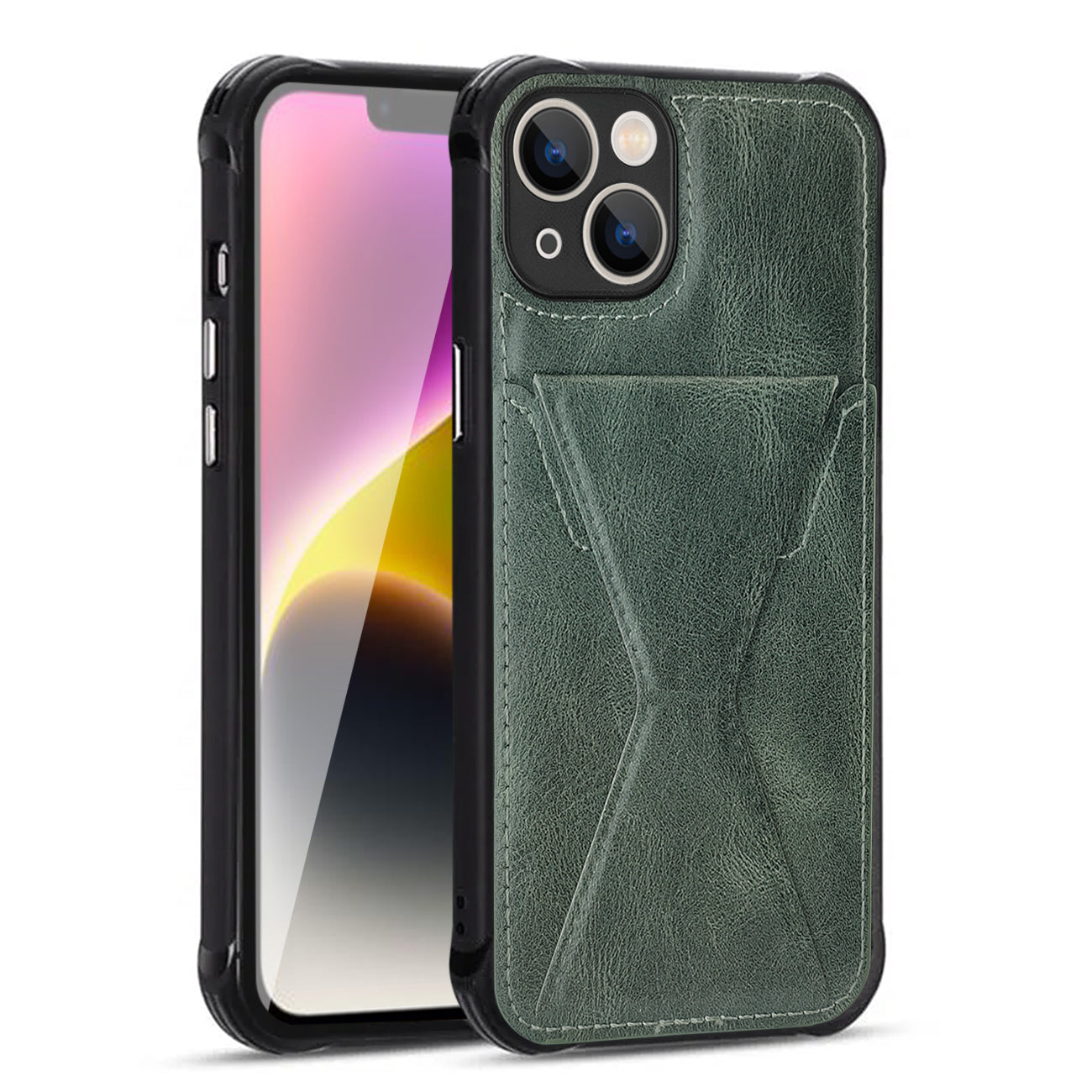 iPhone 14  Compatible TPU Leather Phone Case for Apple iPhone 14 with Card Holder Strap In Green - Shockproof Protection by CELL DEMAND