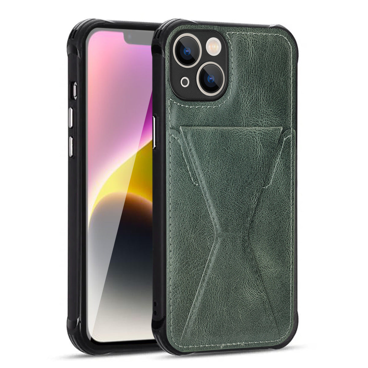 iPhone 14  Compatible TPU Leather Phone Case for Apple iPhone 14 with Card Holder Strap In Green - Shockproof Protection by CELL DEMAND
