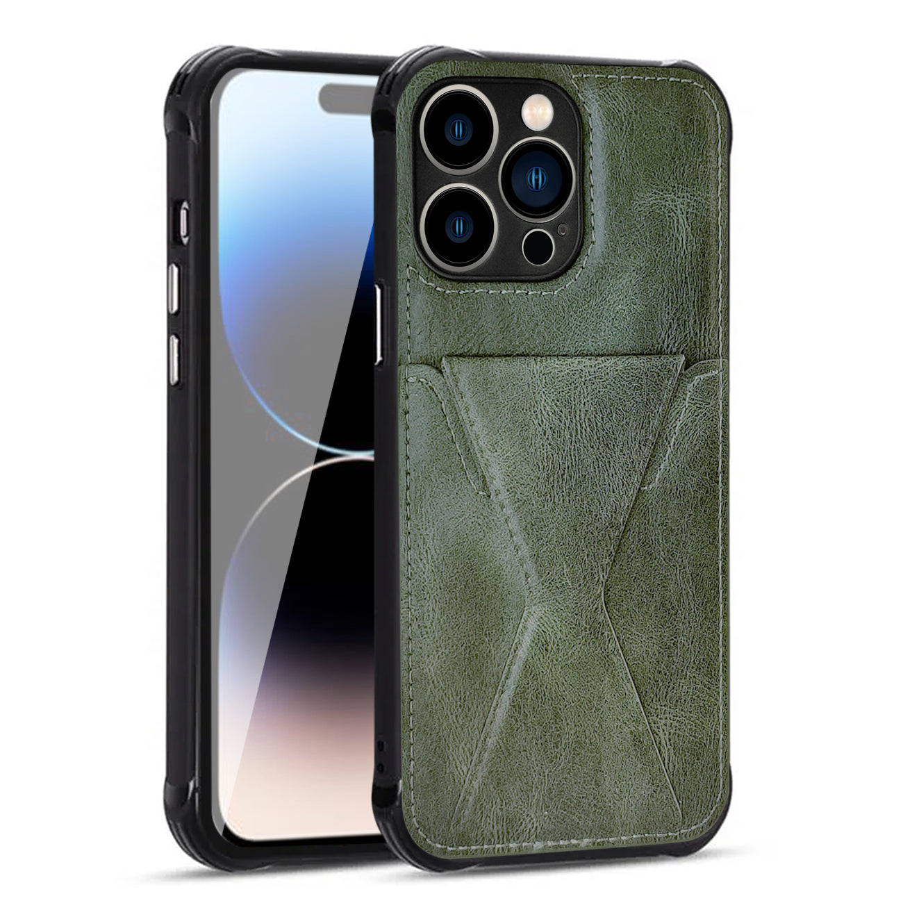 iPhone 14 PRO Compatible TPU Leather Phone Case for Apple iPhone 14 PRO with Card Holder Strap In Green - Heavy Duty Protection by CELL DEMAND