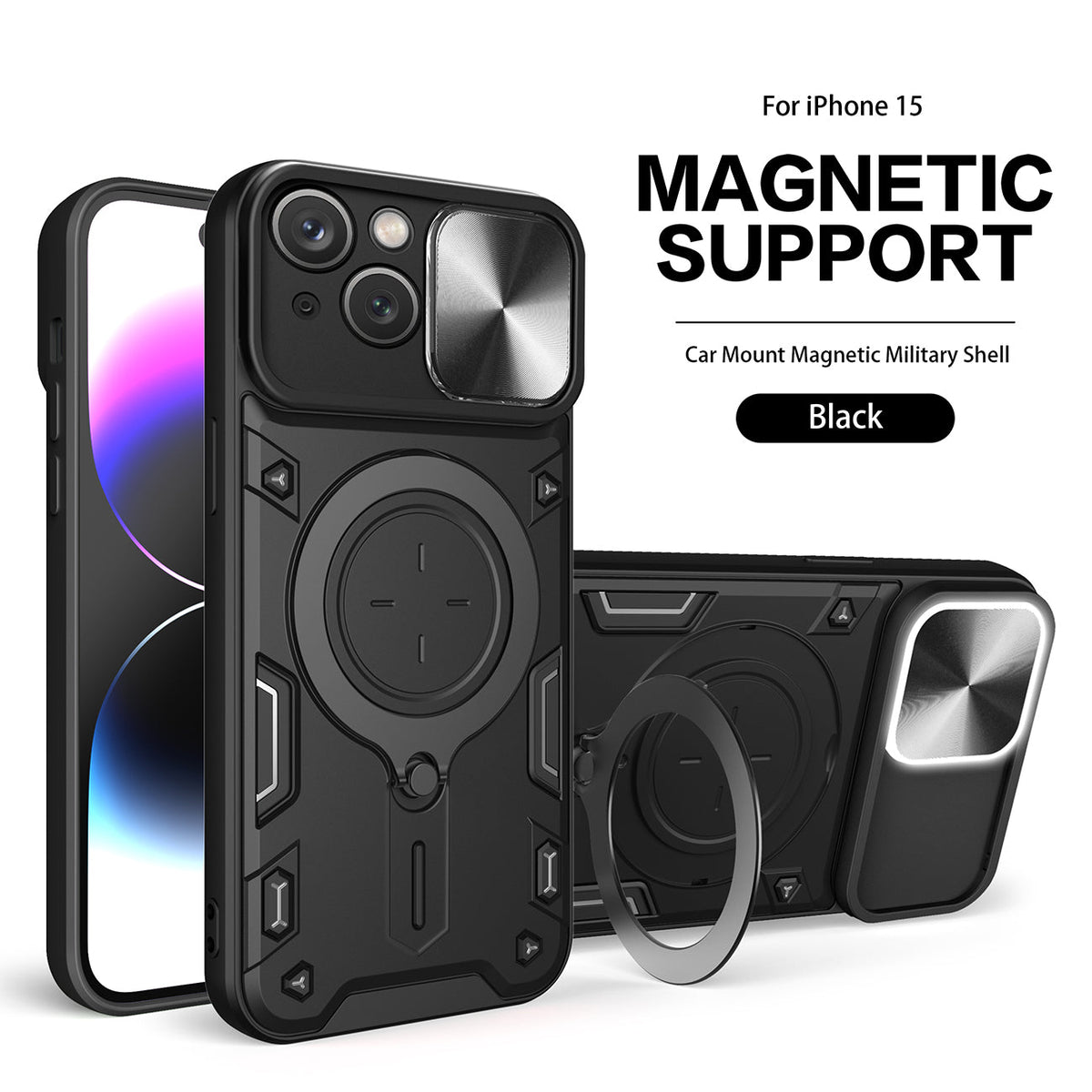 IPHONE 15  Compatible TPU PC Shockproof Magnetic Phone Case with Free Adjustment Ring Holder for IPHONE 15 in Black - Premium Protection by CELL DEMAND