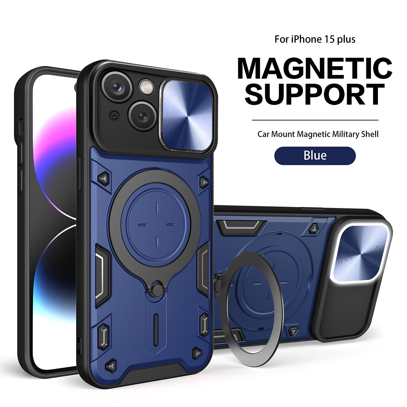 IPHONE 15 Plus Compatible TPU PC Shockproof Magnetic Phone Case with Free Adjustment Ring Holder for IPHONE 15 Plus in Blue - Heavy Duty Protection by CELL DEMAND