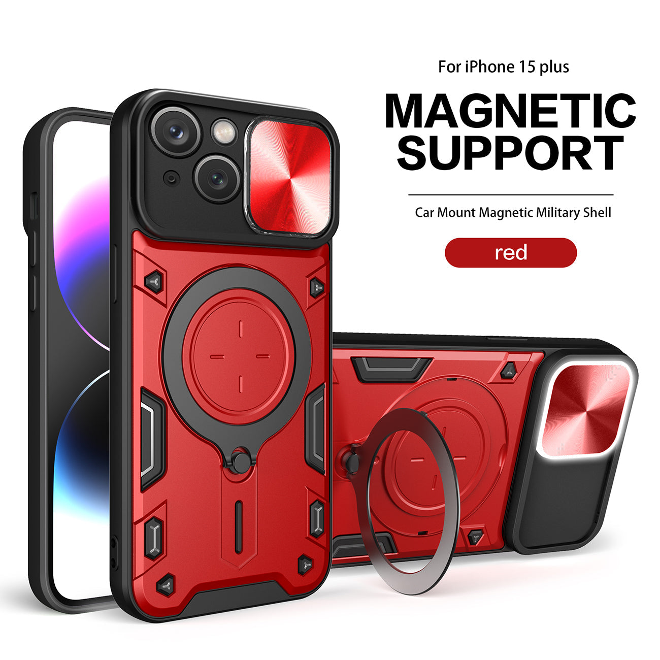 IPHONE 15 Plus Compatible TPU PC Shockproof Magnetic Phone Case with Free Adjustment Ring Holder for IPHONE 15 Plus in Red - Crystal Clear Protection by CELL DEMAND