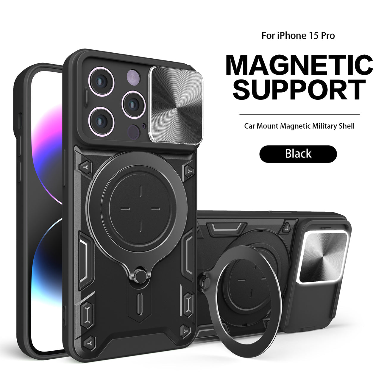 IPHONE 15 PRO Compatible TPU PC Shockproof Magnetic Phone Case with Free Adjustment Ring Holder for IPHONE 15 PRO in Black - Crystal Clear Protection by CELL DEMAND