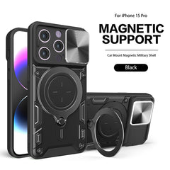 IPHONE 15 PRO Compatible TPU PC Shockproof Magnetic Phone Case with Free Adjustment Ring Holder for IPHONE 15 PRO in Black - Crystal Clear Protection by CELL DEMAND