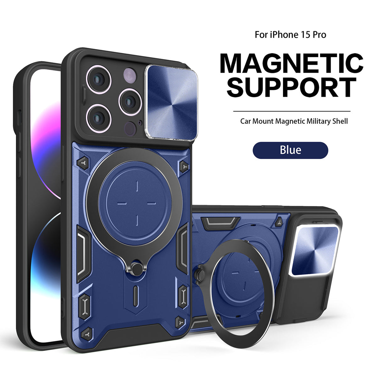 IPHONE 15 PRO Compatible TPU PC Shockproof Magnetic Phone Case with Free Adjustment Ring Holder for IPHONE 15 PRO in Blue - Ultra-Slim Protection by CELL DEMAND