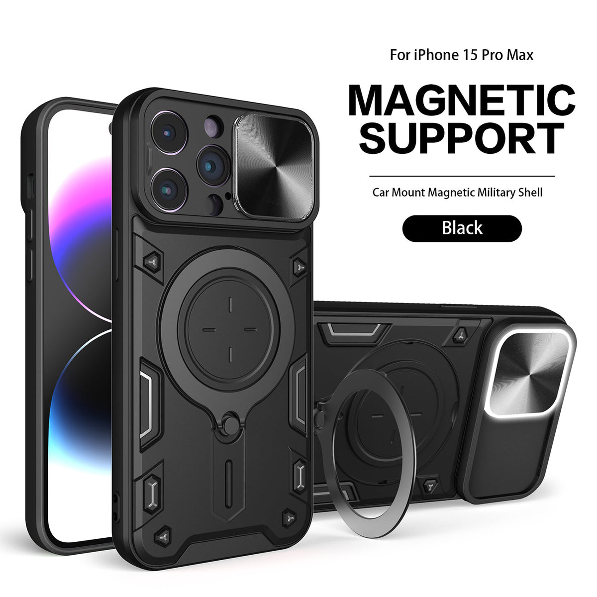 IPHONE 15 PRO Compatible TPU PC Shockproof Magnetic Phone Case with Ring Holder for IPHONE 15 PRO MAX in Black - Ultra-Slim Protection by CELL DEMAND