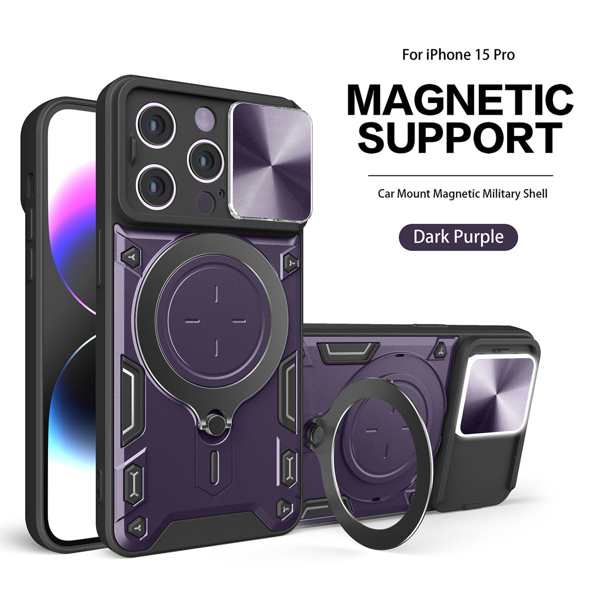 IPHONE 15 PRO Compatible TPU PC Shockproof Magnetic Phone Case with Free Adjustment Ring Holder for IPHONE 15 PRO in Purple - Premium Protection by CELL DEMAND