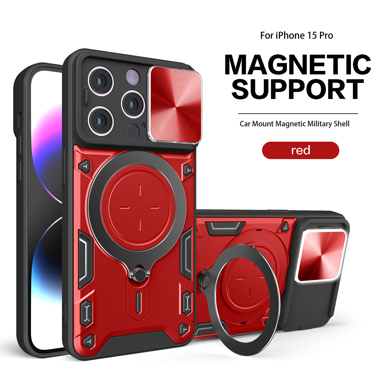 IPHONE 15 PRO Compatible TPU PC Shockproof Magnetic Phone Case with Free Adjustment Ring Holder for IPHONE 15 PRO in Red - Durable Protection by CELL DEMAND