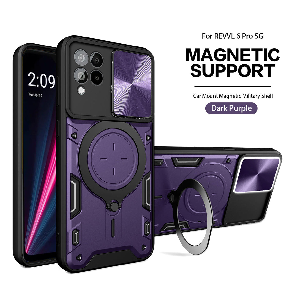 TPU PC Shockproof Magnetic Phone Case with Free Adjustment Ring Holder for REVVL 6 PRO 5G in Purple - Ultra-Slim & Reliable | CELL DEMAND Official