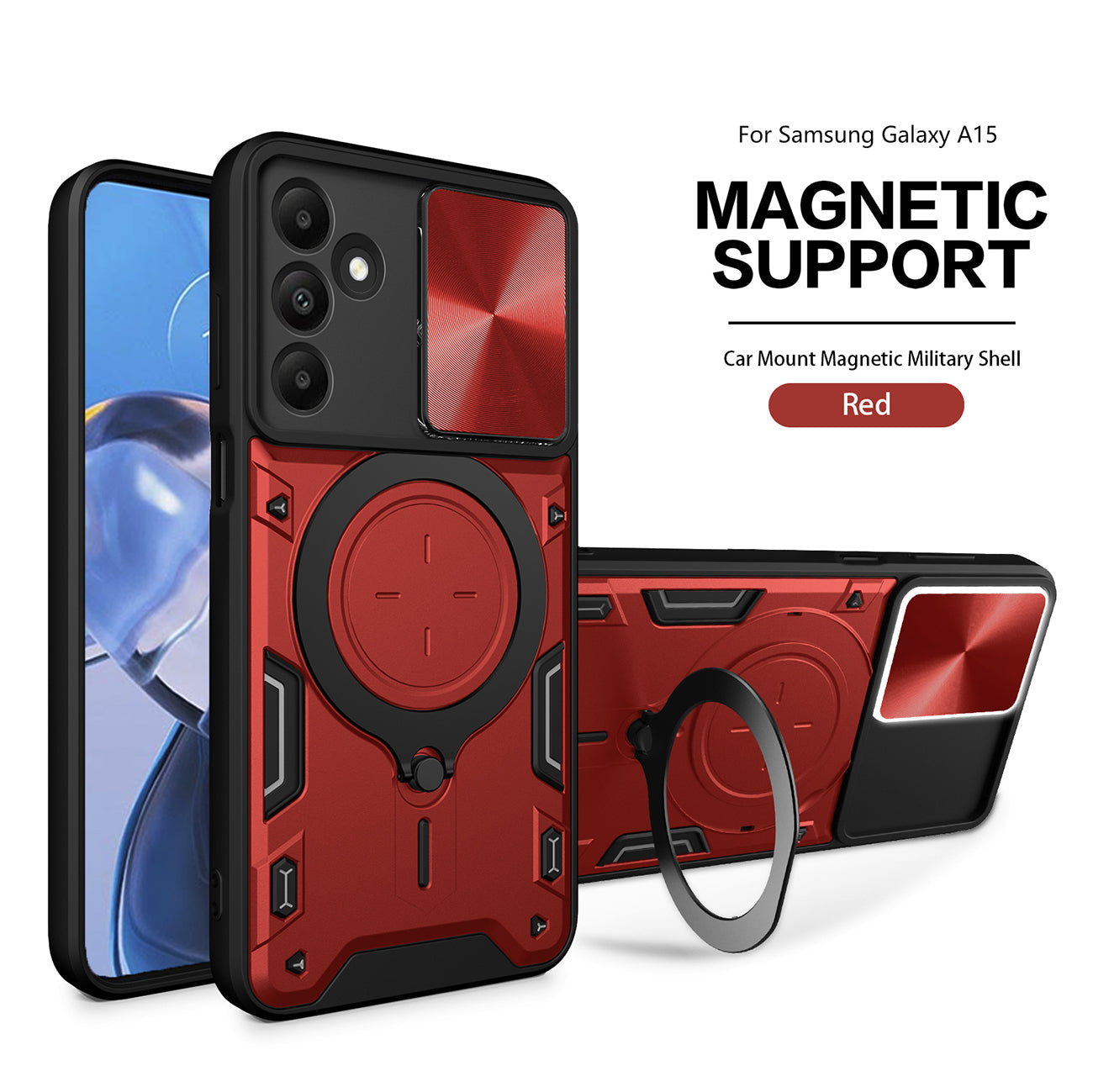 TPU PC Shockproof Magnetic Phone Case with Free Adjustment Ring Holder For Samsung Galaxy A15 in Red - Durable & Reliable | CELL DEMAND Official
