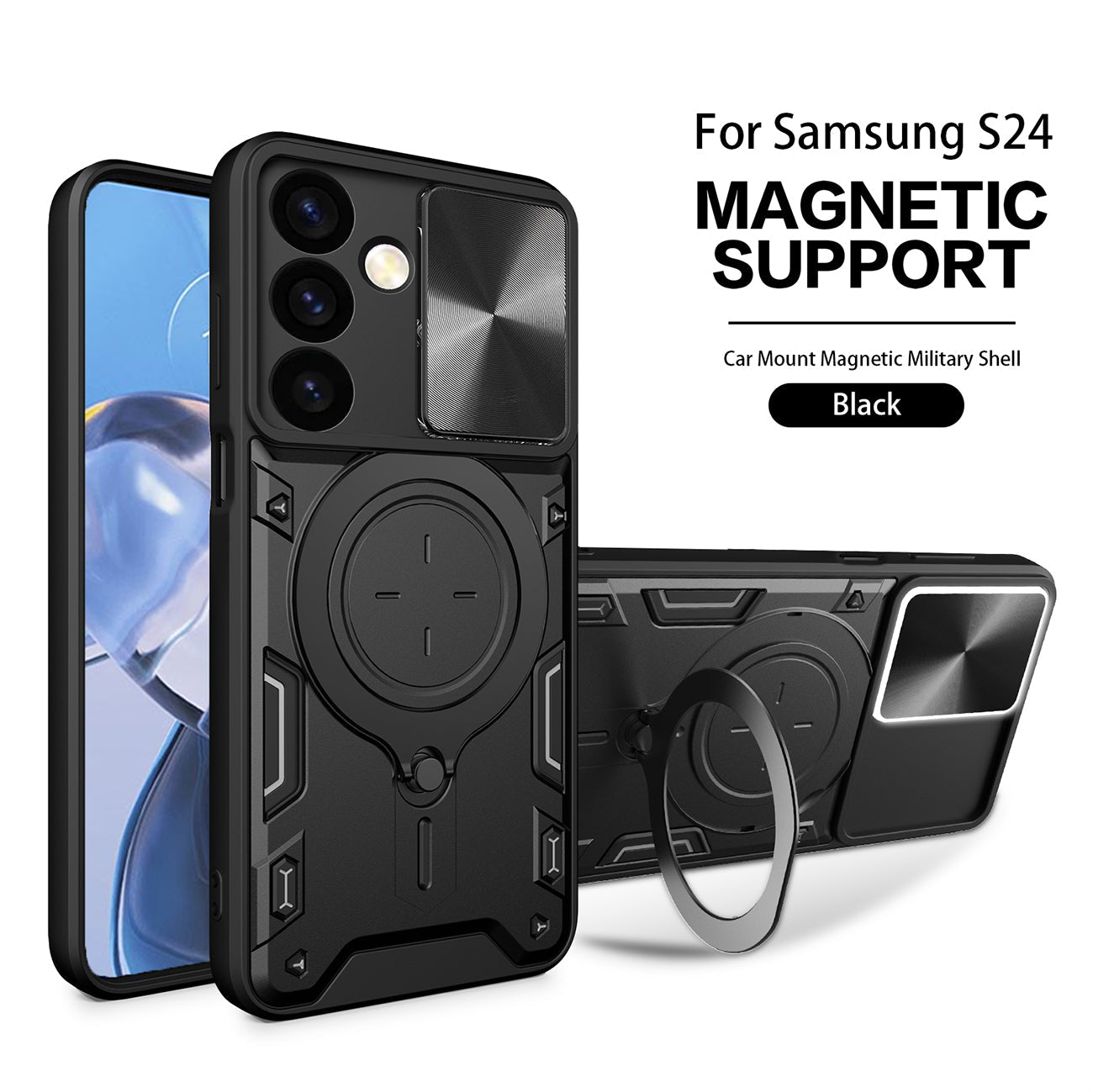 TPU PC Shockproof Magnetic Phone Case with Free Adjustment Ring Holder For Samsung Galaxy S24 in Black - Crystal Clear & Reliable | CELL DEMAND Official