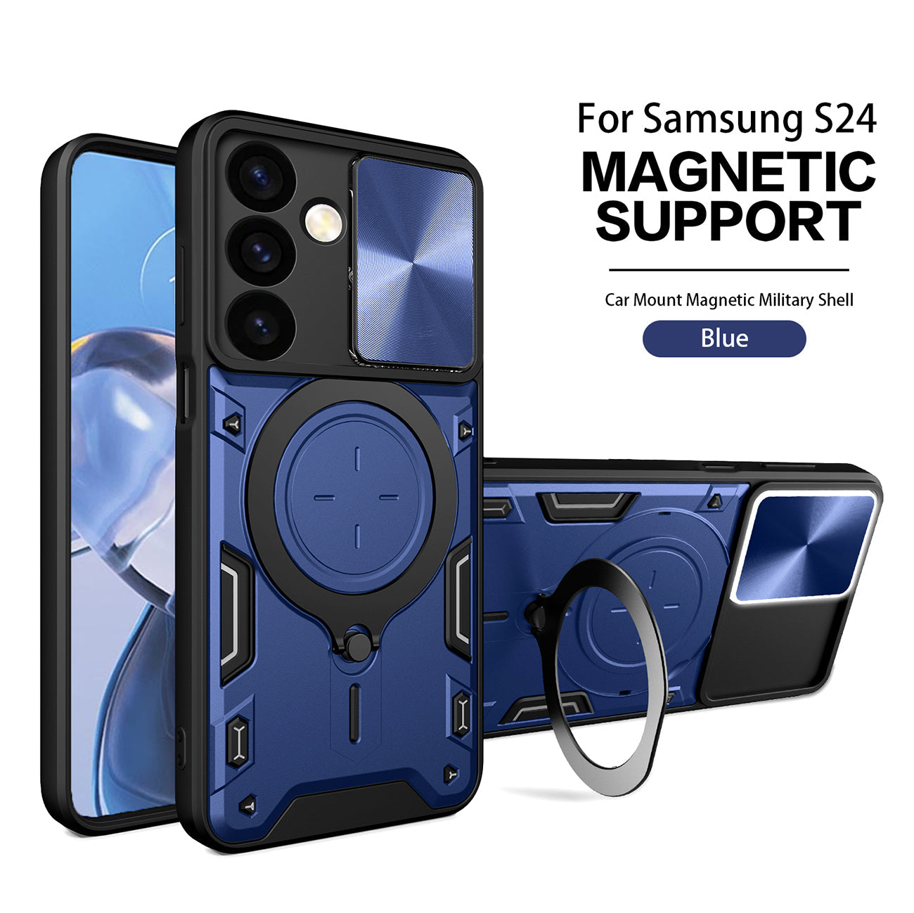TPU PC Shockproof Magnetic Phone Case with Free Adjustment Ring Holder For Samsung Galaxy S24 in Blue - Crystal Clear & Reliable | CELL DEMAND Official