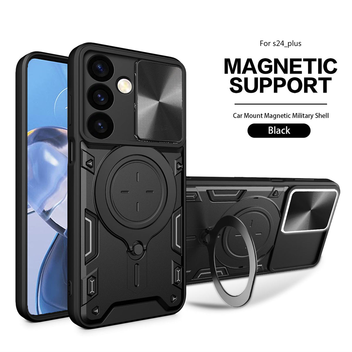 TPU PC Shockproof Magnetic Phone Case with Free Adjustment Ring Holder  For Samsung Galaxy S24 Plus in Black - Ultra-Slim & Reliable | CELL DEMAND Official
