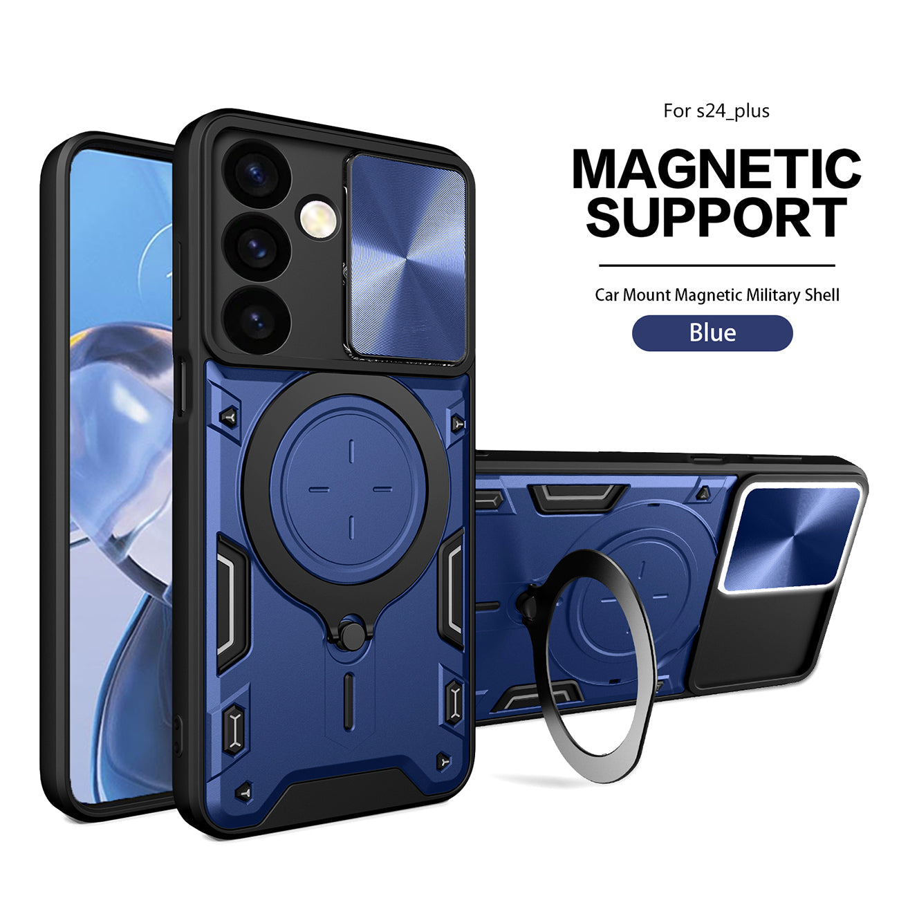TPU PC Shockproof Magnetic Phone Case with Free Adjustment Ring Holder For Samsung Galaxy S24 Plus in Blue - Durable & Reliable | CELL DEMAND Official