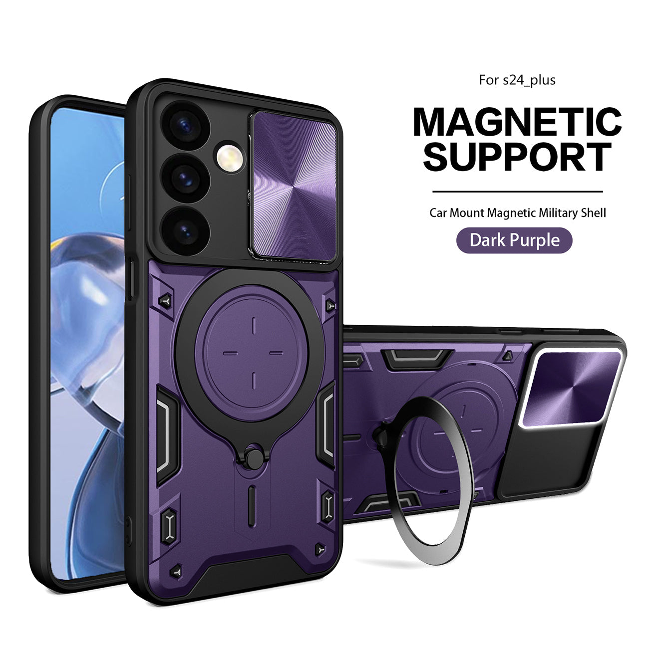 TPU PC Shockproof Magnetic Phone Case with Free Adjustment Ring Holder For Samsung Galaxy S24 Plus in Purple - Shockproof & Reliable | CELL DEMAND Official