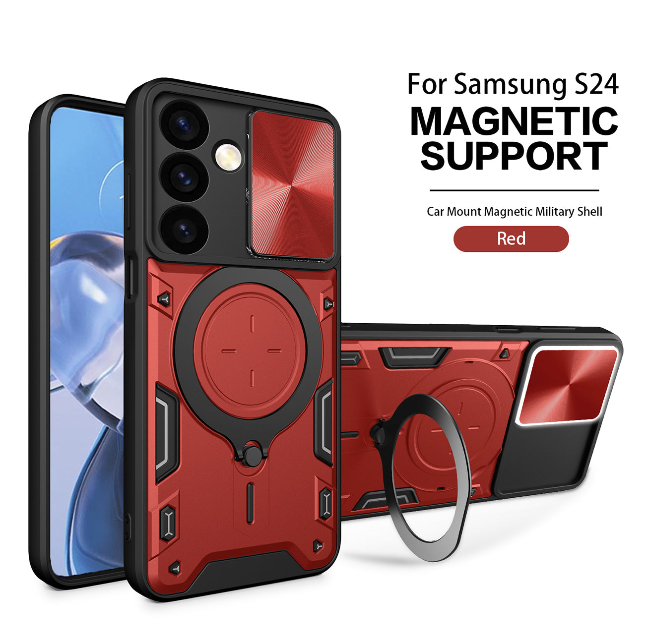 TPU PC Shockproof Magnetic Phone Case with Free Adjustment Ring Holder For Samsung Galaxy S24 in Red - Crystal Clear & Reliable | CELL DEMAND Official