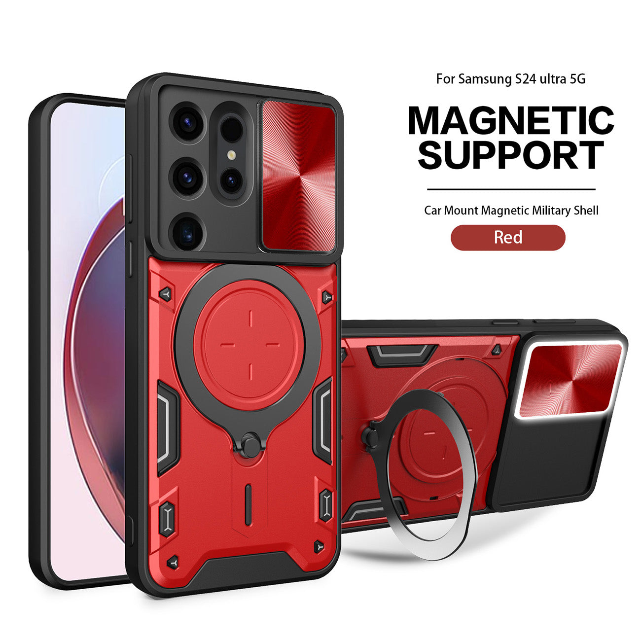 TPU PC Shockproof Magnetic Phone Case with Free Adjustment Ring Holder For Samsung Galaxy S24 Ultra in Red - Heavy Duty & Reliable | CELL DEMAND Official