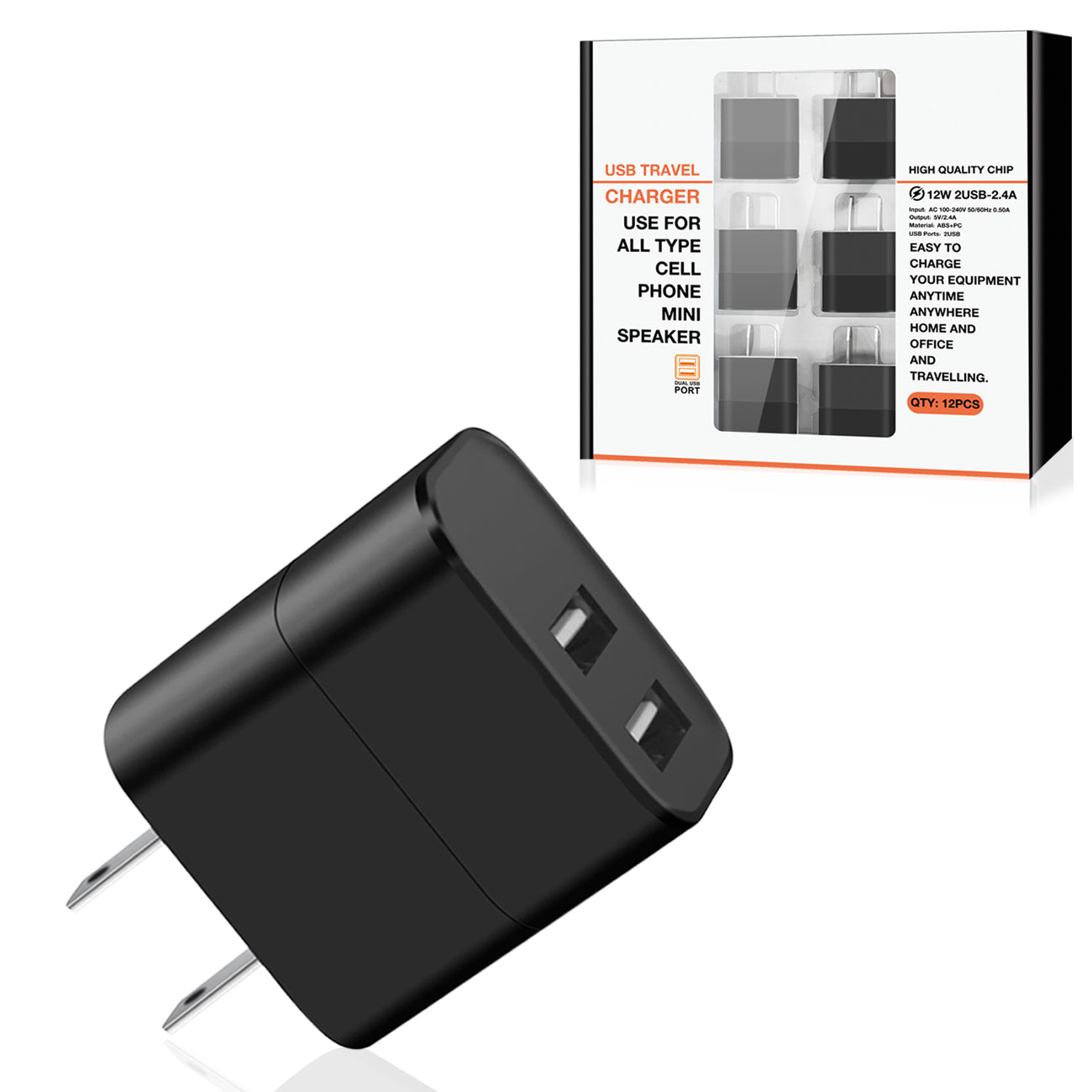 Dual Port USB Wall Charger/ Power Adapter/ Charging Block In Black (12pcs) - Crystal Clear & Reliable | CELL DEMAND Official